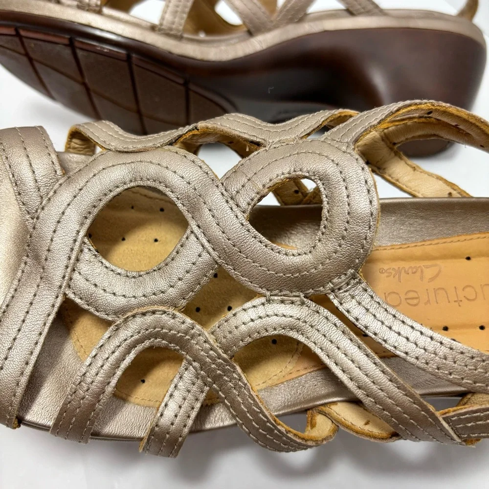 Clarks Unstructured Sandals Strappy Slingback Brown Taupe Wedge Heel Women 9.5 M